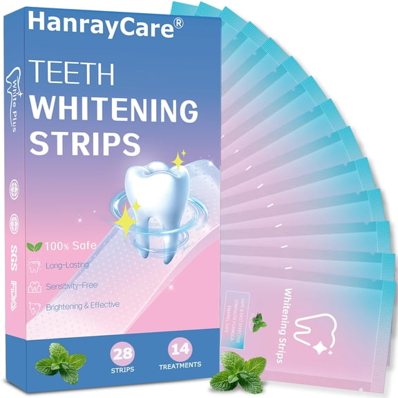 HanrayCare Teeth Whitening Strips, Professional Enamel-Safe White Strips & Whitening Kit, No-Slip, Coffee, Tea, Wine & Smoking Stain Removal(14 Day)