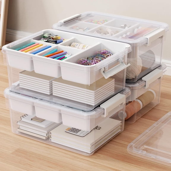 Hanrise 80Qt Stackable Storage Bins with Lids & Trays, Clear Plastic Latching Boxes Organizers with Dividers Portable 20Gal Containers for Arts & Crafts, Home and Car Trunk Organization, 4Pack