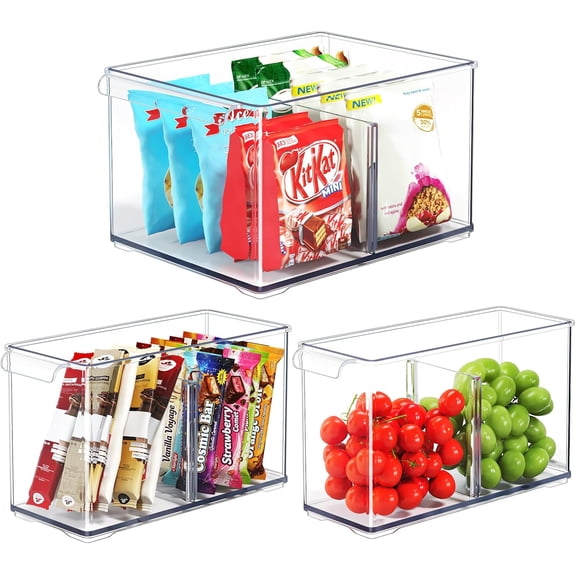 Hanrise Clear Plastic Storage Bins with Dividers for Fridge Pantry Organizers and Storage Containers, 3 Pack Acrylic Stackable Sturdy Storage Boxes for Home Edit and Cabinet Organizers C6-1
