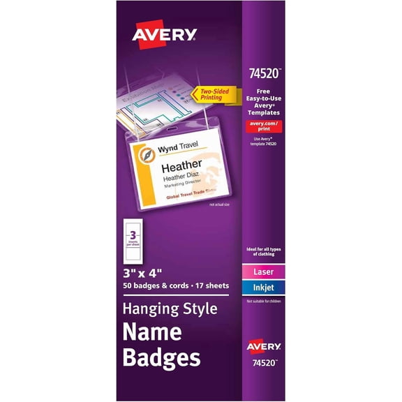 Hanrise Customizable Name Badges, Cord Hanging Style, 3" x 4", Laser/Inkjet Printable Name Tag Inserts, 50 Total (74520)