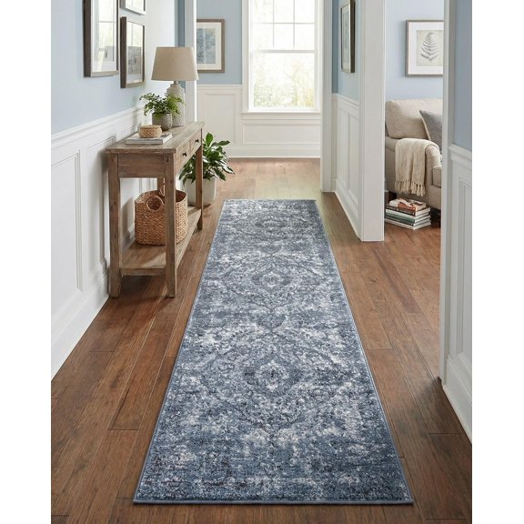 Hanrise Oregon Collection Rug  8 Ft Runner Blue Low-Pile Rug Perfect for Hallways, Entryways
