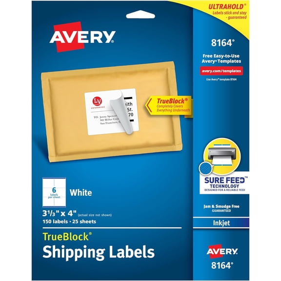 Hanrise Printable Shipping Labels with Sure Feed, 3-1/3" x 4", White, 150 Blank Mailing Labels (8164)