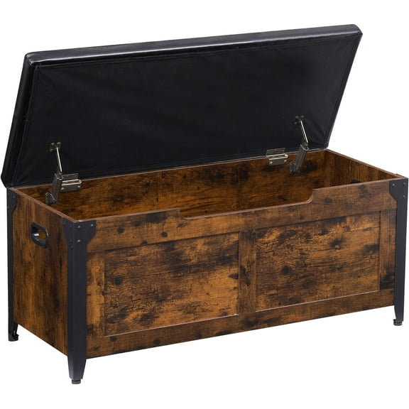 Hanrise Storage Chest, Storage Bench with Safety Hinge, Farmhouse Style Wooden Trunk Chest for Entryway, Bedroom, Living Room, Rustic Brown