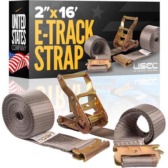 Hanrise US Cargo Control E Track Strap 2" x 16', 4,400 LBS Break Strength, Gray Heavy Duty E Track Ratchet Straps with 4' Fixed End and Spring E-Fittings, Logistic Tiedowns for Box Trucks, Vans