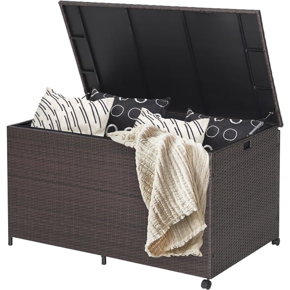 Hanrise Wicker Outdoor Deck Box - 133 Gallon Storage Box with Lid, Waterproof Liner and Universal Wheels, PE Rattan Storage Container for Cushions, Gardening Tools, Patio Storage, Brown