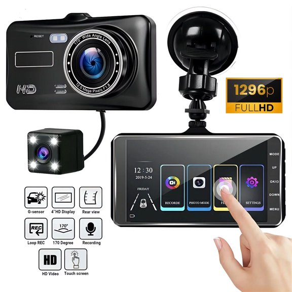 Hanru 1296P HD Dash Cam Front and Rear Dual Dashcam, Dash Camera, 4-inch Touch Screen LCD Display Car Camera, Night Vision, Parking Mode, G-Sensor, Loop Recording, 170° Wide Angle DVR Recorder