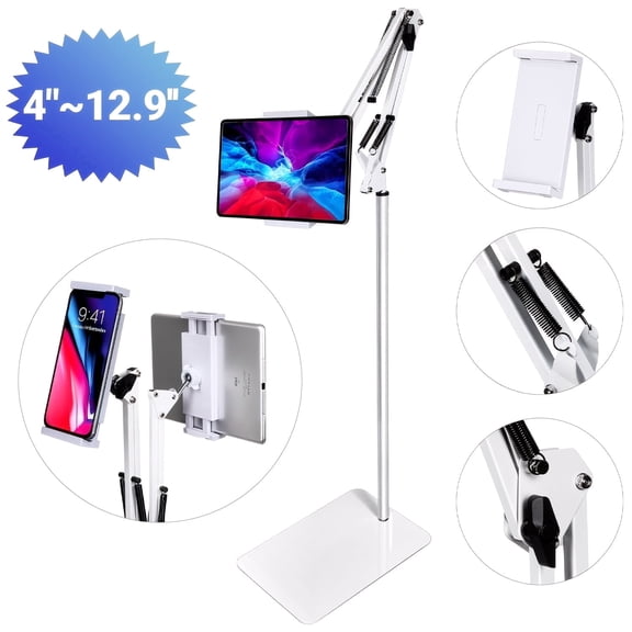 Hanru Tablet Floor Stand, 69" Height Adjustable 360-degree Rotatable Tablet Holder, Arm Stretchable Stand, Overhead Bed Phone Mount(4"~12.9''), White