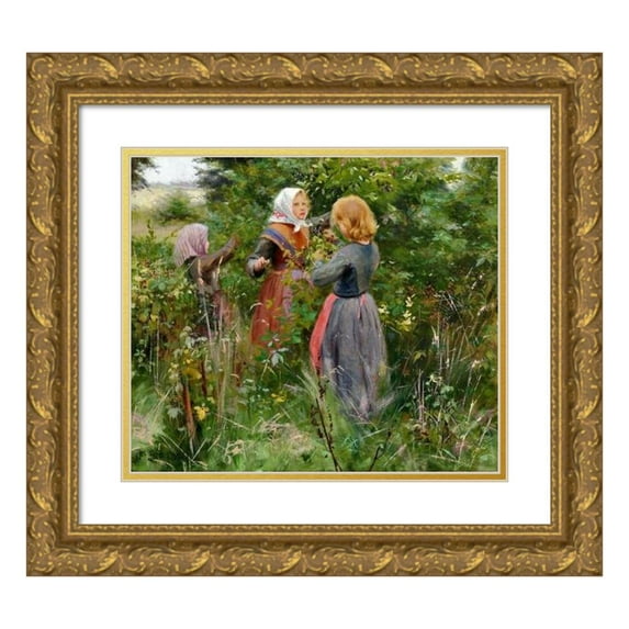 Hans Andersen Brendekilde 14x12 Gold Ornate Wood Frame and Double Matted Museum Art Print Titled - Three Little Girls Picking Blackberries (Ca1885)