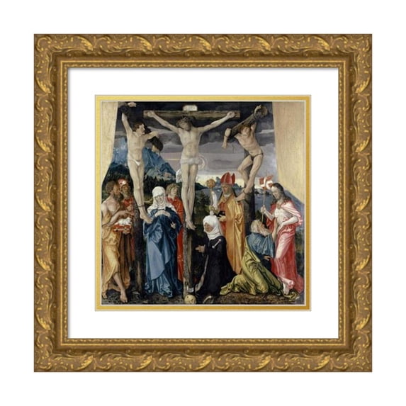 Hans Baldung 12x12 Gold Ornate Wood Frame and Double Matted Museum Art Print Titled - Christ Crucified with the Thieves, Saints, and a Female Donor (1512)