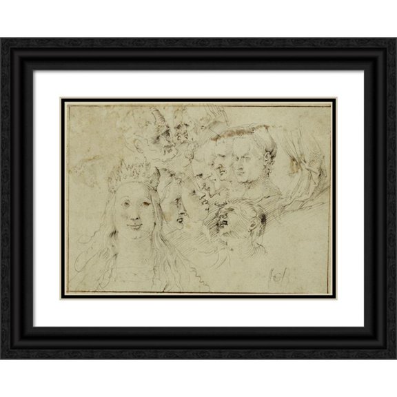 Hans Baldung 18x14 Black Ornate Wood Framed Double Matted Museum Art Print Titled - Studies of Heads (1512-1513)