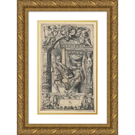 Hans Bock the Elder 11x14 Gold Ornate Wood Frame and Double Matted Museum Art Print Titled - Disc Tear with Josef's Escape from Potiphar's Woman, in the Top Pictures Fides and Prudentia (1573)