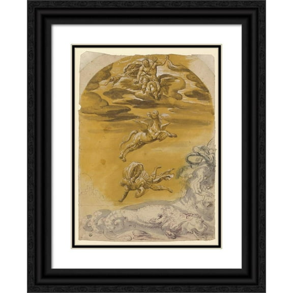 Hans Bock the Elder 11x14 Black Ornate Wood Framed Double Matted Museum Art Print Titled: Fall of the Bellerophon (1571)