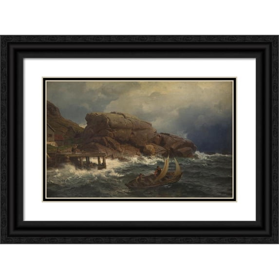 Hans Fredrik Gude 14x11 Black Ornate Wood Framed Double Matted Museum Art Print Titled: A Norwegian Seaport (1882)