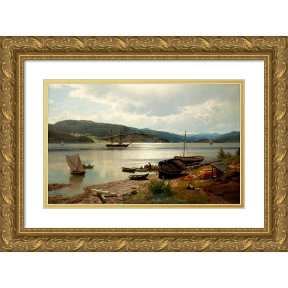 Hans Gude 14x11 Gold Ornate Wood Frame and Double Matted Museum Art Print Titled - By the Water (1876)