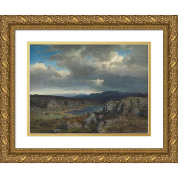 Hans Gude 14x12 Gold Ornate Wood Frame and Double Matted Museum Art Print Titled - Norwegian Highlands (1857)