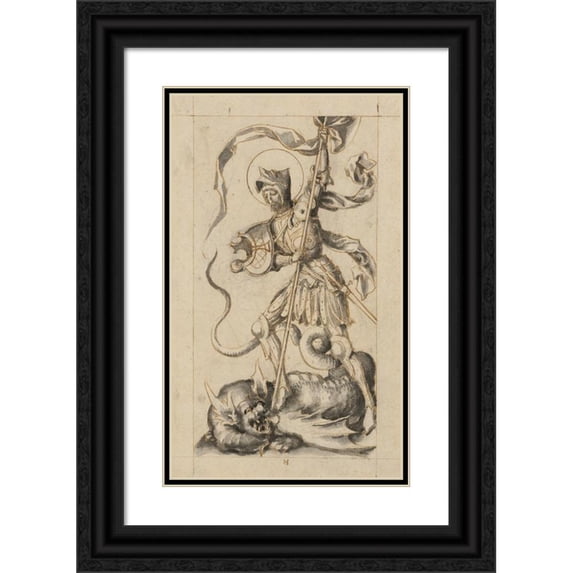 Hans Holbein The Elder 10x14 Black Ornate Wood Framed Double Matted Museum Art Print Titled: St. George Fighting the Dragon (1500)