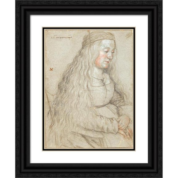 Hans Holbein The Elder 19x24 Black Ornate Framed Double Matted Museum Art Print Titled: Seated Bride with Flowing Hair and Headband (1460 - 1524)