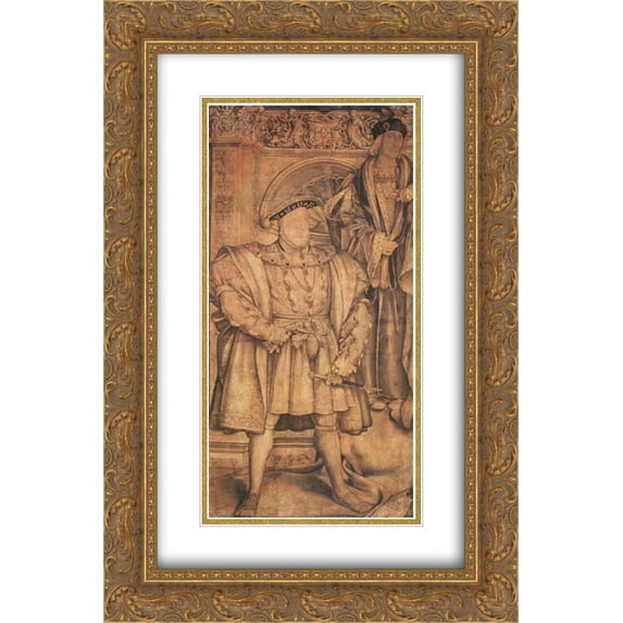 Hans Holbein the Younger 2x Matted 16x24 Gold Ornate Framed Art Print 'Henry VIII and Henry VII, cartoon for wall painting in Whitehall'