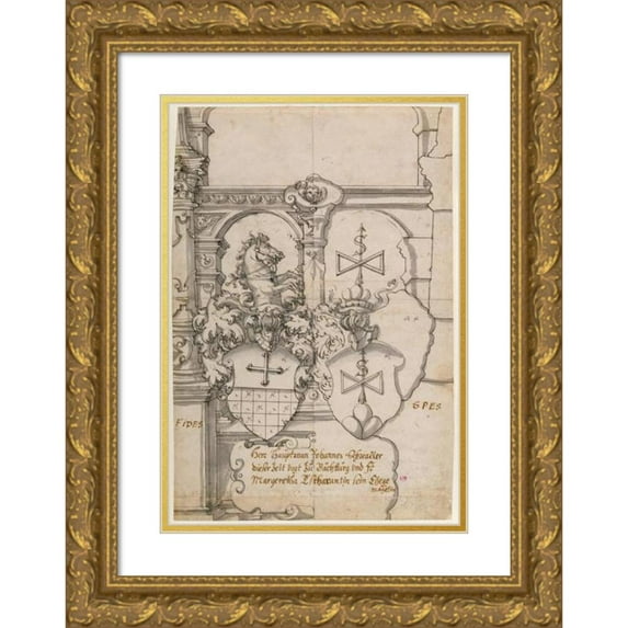 Hans Jacob Plepp 18x24 Gold Ornate Framed and Double Matted Museum Art Print Titled - Stained Glass Design with Two Coats of Arms (1590-1595)