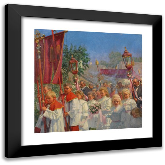 Hans Larwin 15x15 Black Modern Framed Museum Art Print Titled - Dealing (Corpus Christi Procession) in Neustift Am Walde (1909)
