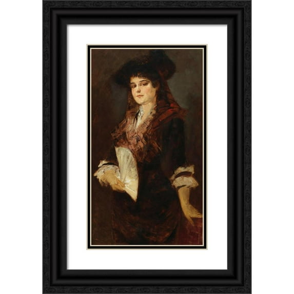 Hans Makart 10x14 Black Ornate Wood Framed Double Matted Museum Art Print Titled: Portrait of a Lady with a Fan (1885)