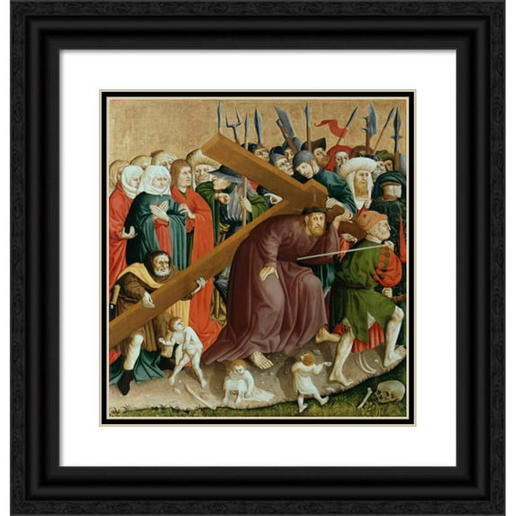 Hans Multscher 20x21 Black Ornate Framed Double Matted Museum Art Print Titled: Jesus Christ Bearing the Cross; the Wings of the Wurzach Altar (Lower Left) (1437)
