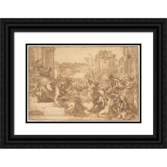 Hans Rottenhammer 18x13 Black Ornate Wood Framed Double Matted Museum Art Print Titled - Rape of the Sabines (1600)