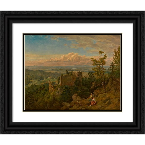 Hans Thoma 24x20 Black Ornate Framed Double Matted Museum Art Print Titled: The Ruins of the Castle at Hohenbaden; Looking Out Over the Rhine Valley (1889)