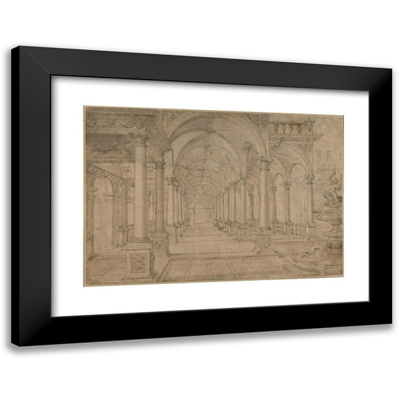 Hans Vredeman de Vries 18x14 Black Modern Framed Museum Art Print Titled - Architectural Capriccio with an Arcade and Fountain in Point Perspective (Study for a Painting of John the Baptist