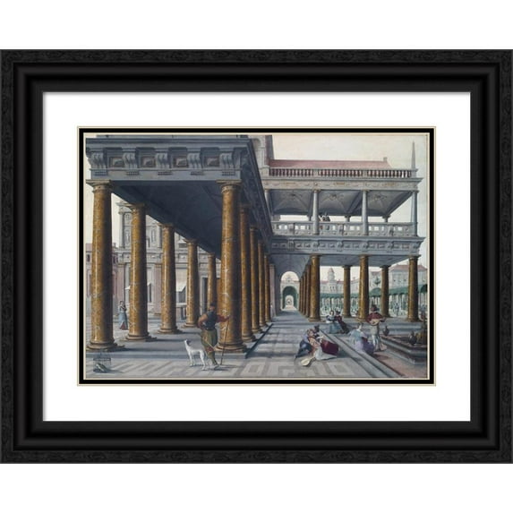 Hans Vredeman de Vries 18x14 Black Ornate Wood Framed Double Matted Museum Art Print Titled - Architectural Caprice with Figures (1568)
