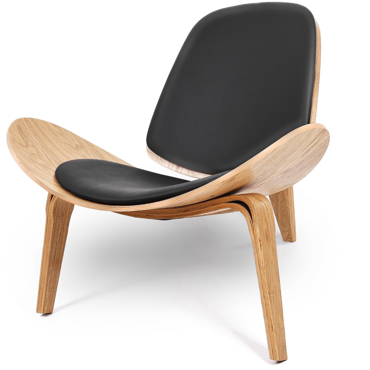 Hans Wegner Style Three-Legged Shell Chair Ash Plywood Black Faux ...