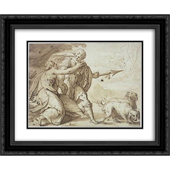 Hans von Aachen 2x Matted 24x20 Black Ornate Framed Art Print 'Adonis held back by Venus while going hunting'