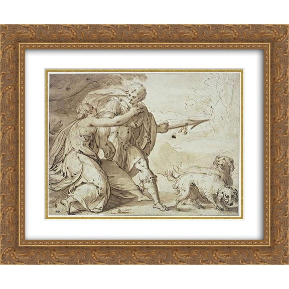 Hans von Aachen 2x Matted 24x20 Gold Ornate Framed Art Print 'Adonis held back by Venus while going hunting'