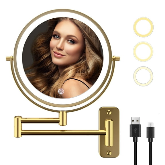Hansabenne 8'' Wall Mounted LED Makeup Mirror, 1X/10X Intelligent Dimming Makeup Mirror 360 ° Rotation, Deep Gold