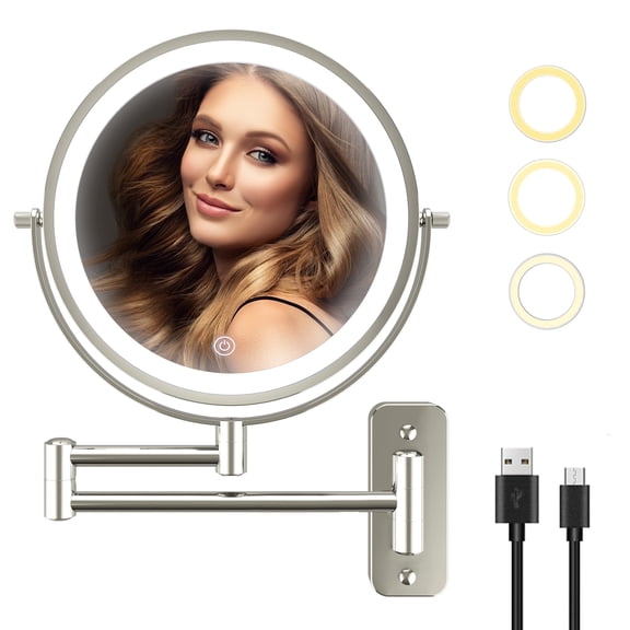 Yulika 8'' Wall Mounted LED Makeup Mirror, 1X/10X Intelligent Dimming Makeup Mirror 360 ° Rotation, Vintage Nickel