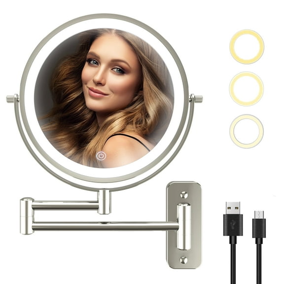 Hansabenne 8'' Wall Mounted LED Makeup Mirror, 1X/10X Intelligent Dimming Makeup Mirror 360 ° Rotation, Vintage Nickel