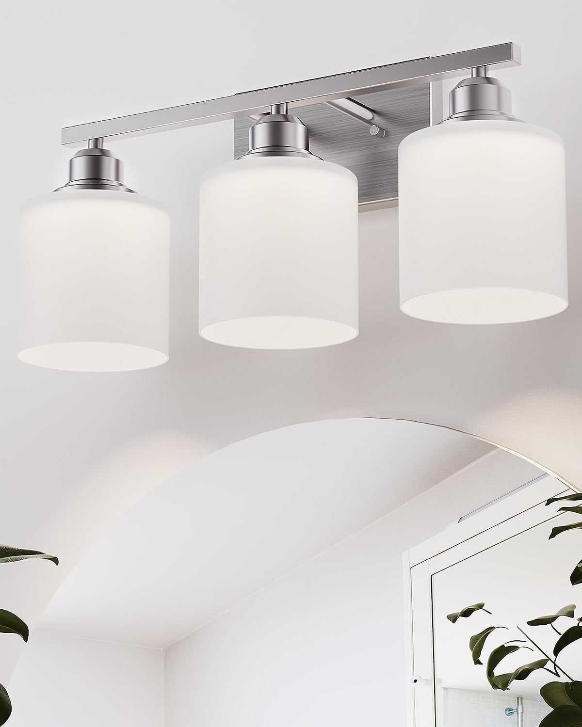 Hansang 3-Light Bathroom Vanity Light, Brushed Nickel Fixture with Glass Shades, Modern Anti-Rust Design for Small Spaces, Bulbs Not Included