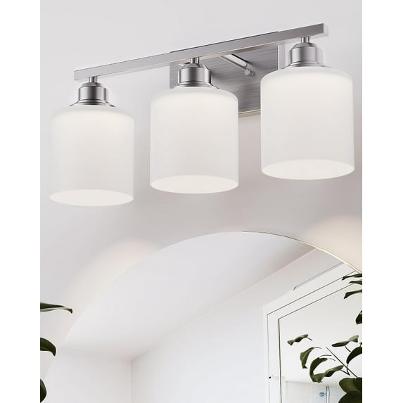 Hansang 3-Light Bathroom Vanity Light, Brushed Nickel Fixture with Glass Shades, Modern Anti-Rust Design for Small Spaces, Bulbs Not Included
