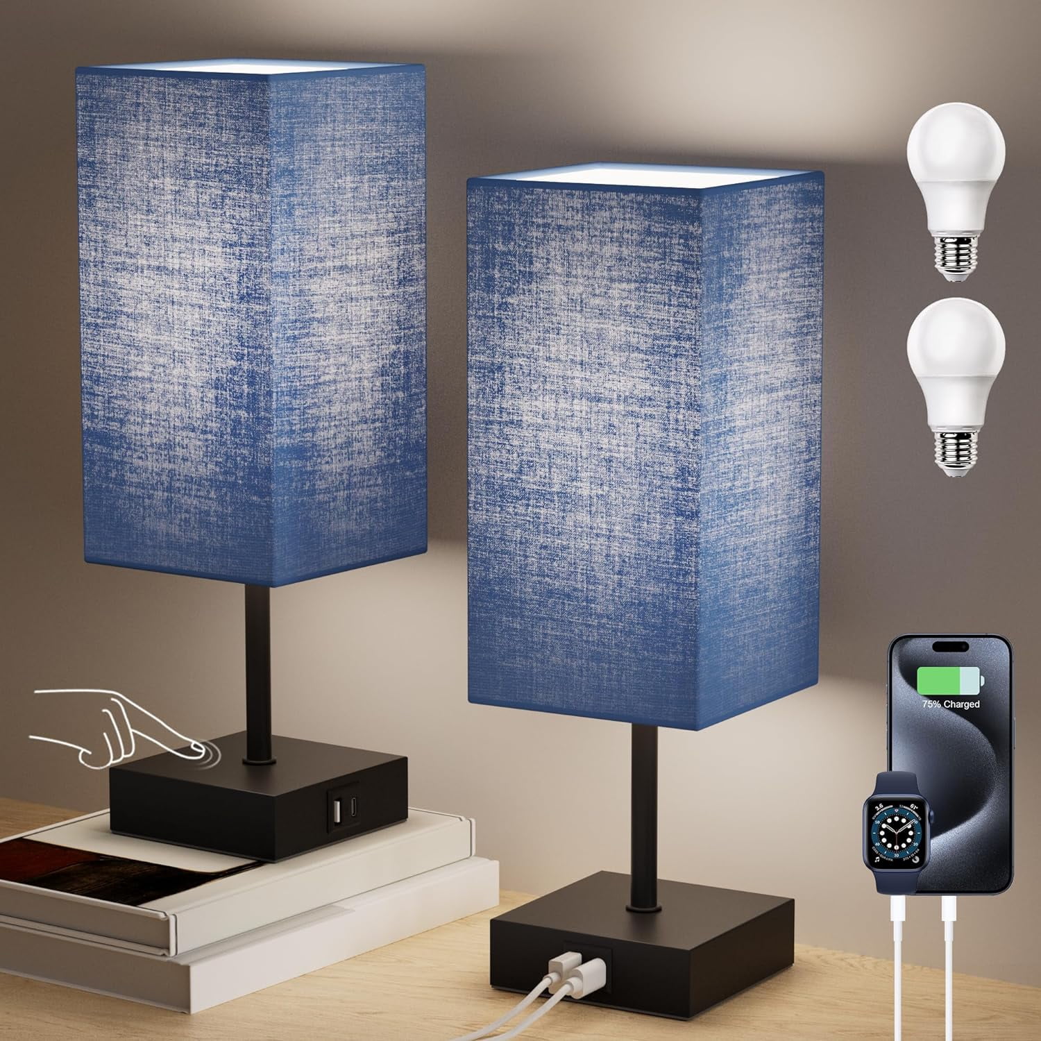 Hansang Bedside Table Lamp for Bedroom Set of 2,3 Way Dimmable Touch Lamp with USB C+A Charging Ports, LED Bulbs Included