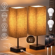 Hansang Bedside Table Lamp for Bedroom Set of 2 Brown lampshade, 3 Way Dimmable Touch Lamp with USB C+A Charging Ports, LED Bulbs Included