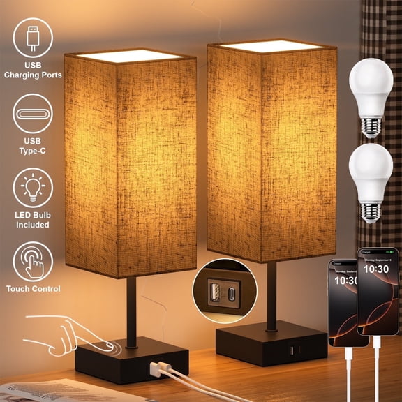 Hansang Bedside Table Lamp for Bedroom Set of 2 Brown lampshade, 3 Way Dimmable Touch Lamp with USB C+A Charging Ports, LED Bulbs Included