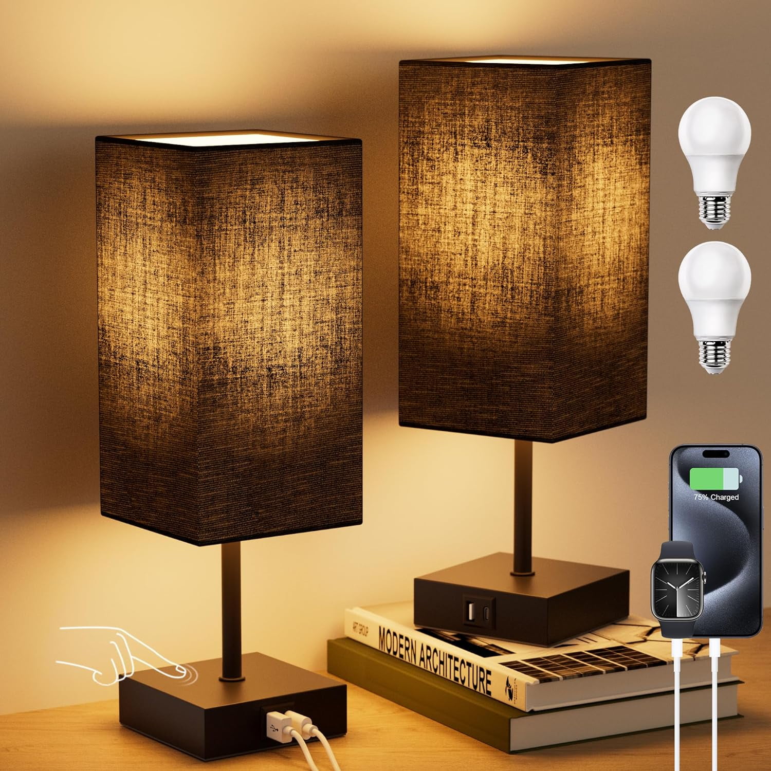Hansang Bedside Table Lamps Set of 2, Touch Bedroom Lamp with USB C+A Charging Ports, 3 Way Dimmable Lamps for Night Stands, LED Bulbs Included