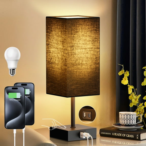 Hansang Black Bedside Lamp with USB Port, 3 Way Dimmable Lighting Touch Control Table Lamp, Small Reading Lamp for Bedroom,  Living Room Decor