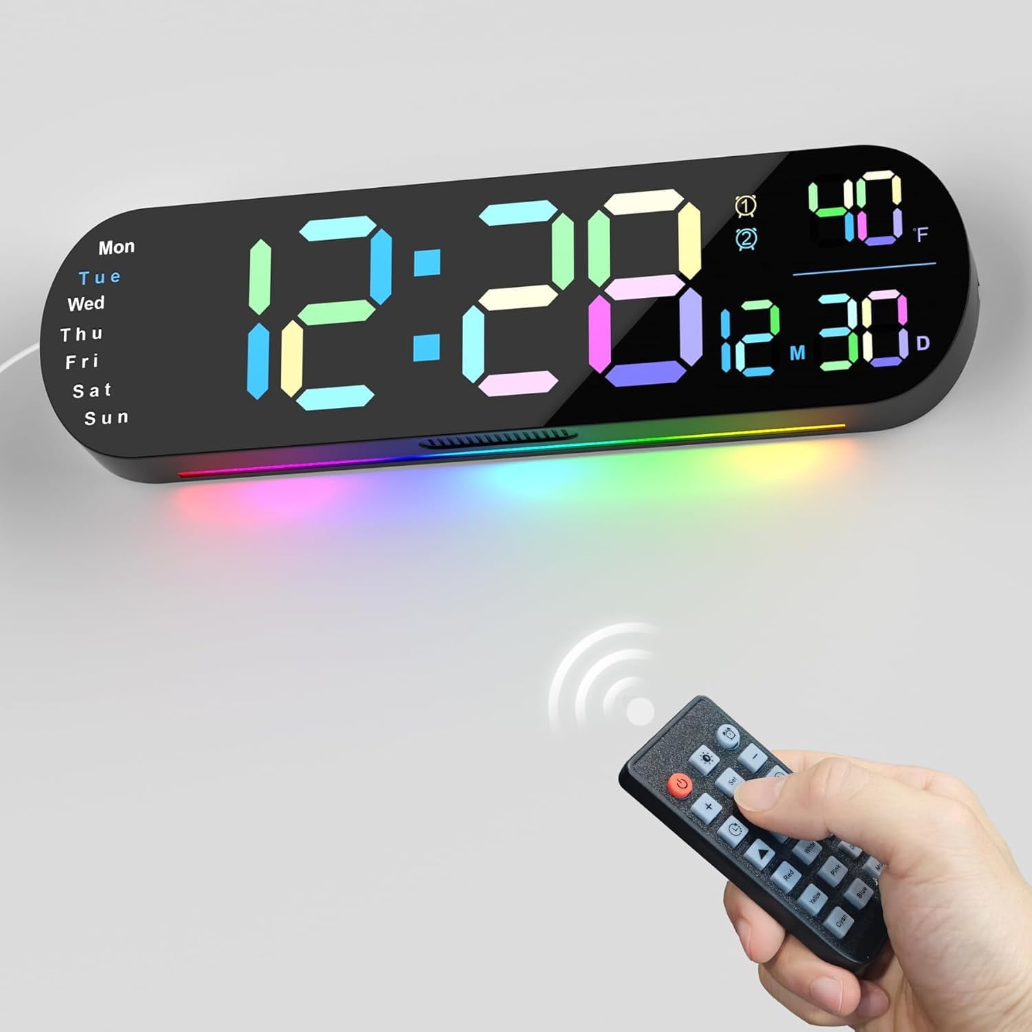 Hansang Digital Wall Clock with Auto Brightness, Displays Room Temperature and Date, Large Digital Clock Equipped with Dual Alarm Clock and 13.7-Inch Wide Display, Color Fonts