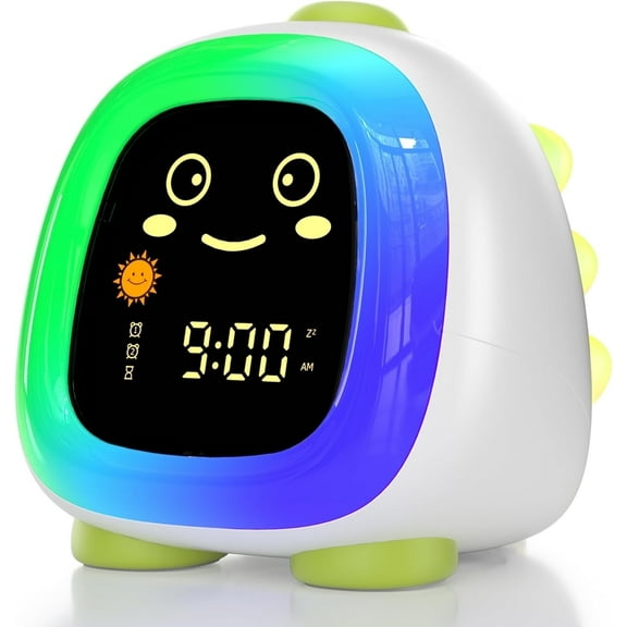 Hansang Kids Alarm Clock with 6-Color Night Light, Sleep Training OK to Wake Clock with Timer, Cute Green Dinosaur Design for Boys and Girls