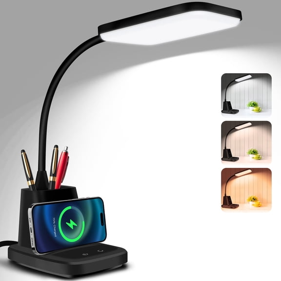 Hansang LED Desk Lamp with Wireless Charger and Pen Holder, 800 Lumens Dimmable Desk Light, Flexible Gooseneck Arm, 3 Light Modes Touch Control, Table Lamp for Home Office, Bedroom, College Dorm