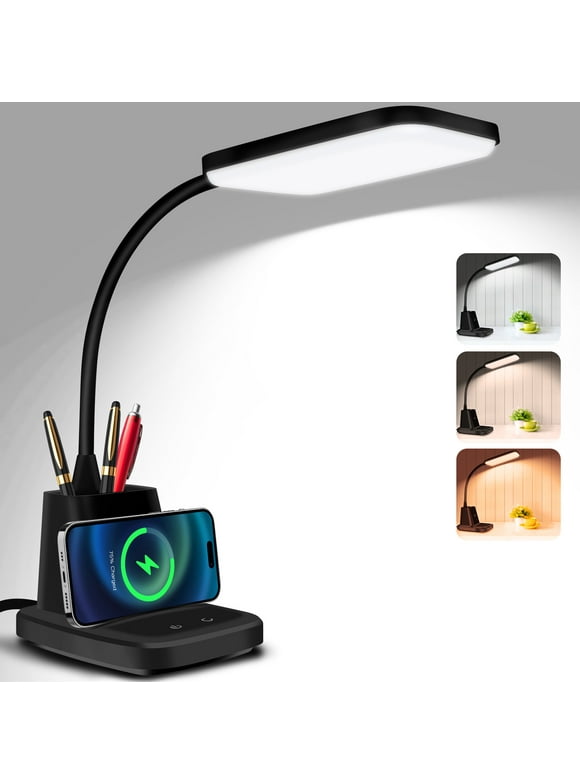 Hansang LED Desk Lamp with 10W Wireless Charging, Modern Dimmable 3 Color Modes Lighting, Black