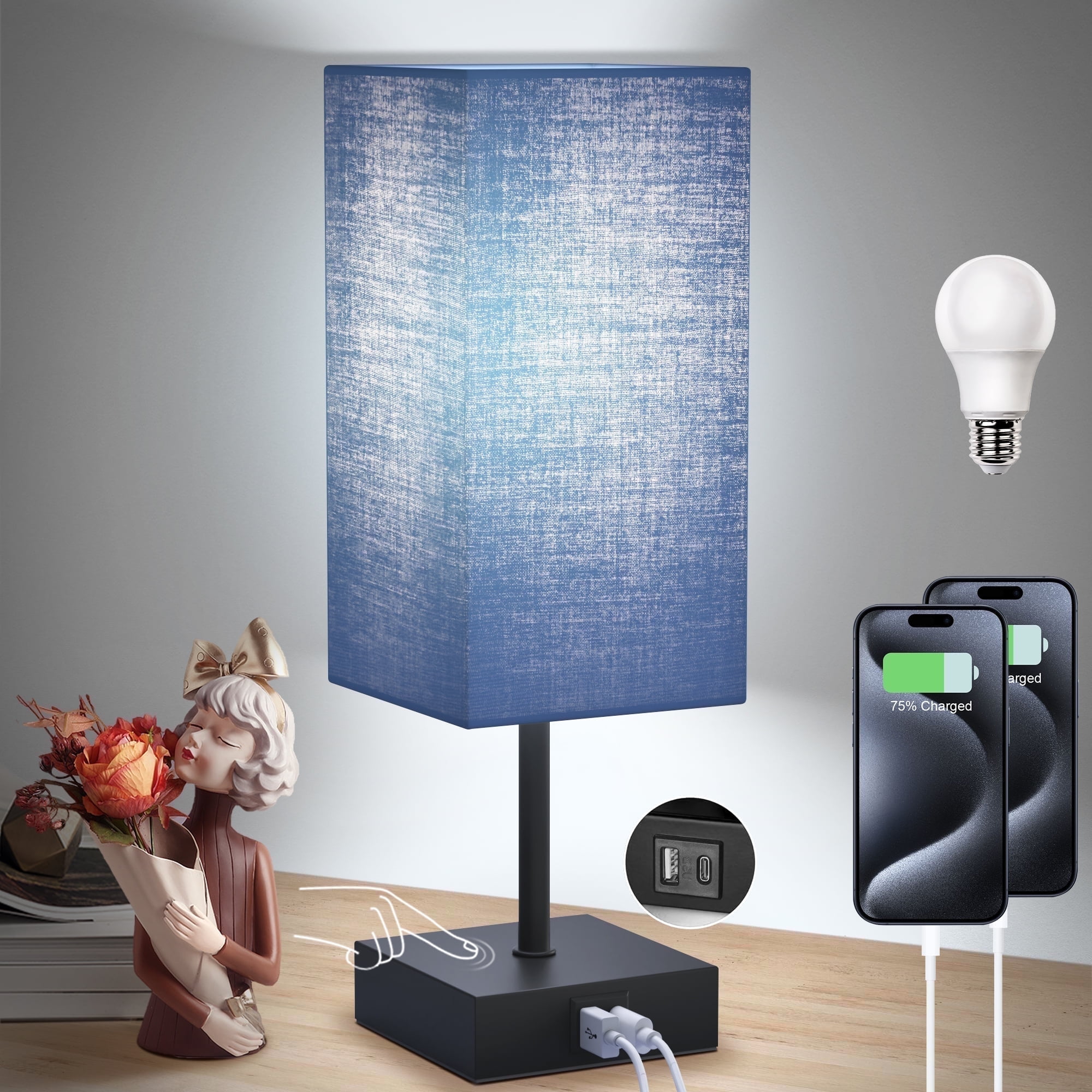 Hansang Navy Blue Bedside Lamp, 3-Way Dimmable Touch Table Lamp with USB C+A Charging Ports, Small Nightstand Lamp for Bedroom & Living Room, LED Bulb Included