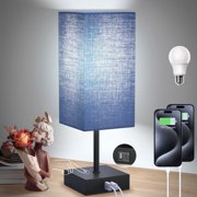Hansang Navy Blue Bedside Lamp, 3-Way Dimmable Touch Table Lamp with USB C+A Charging Ports, Small Nightstand Lamp for Bedroom & Living Room, LED Bulb Included