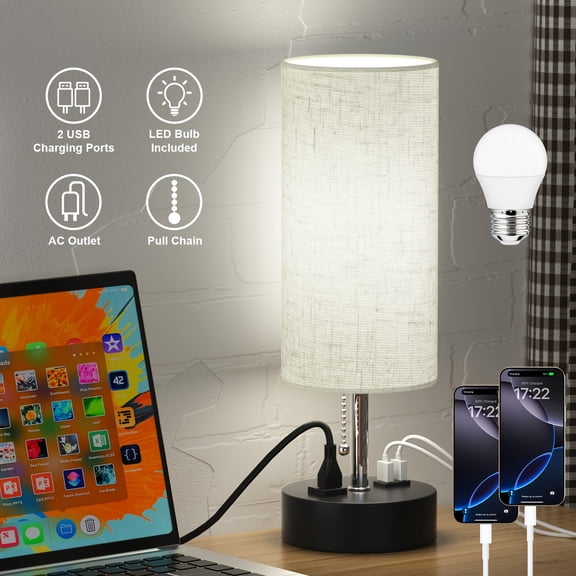 Hansang USB Table Lamp for Bedroom, Bedside Nightstand Lamp with Dual USB Charging Ports, Fabric Linen Shade, Pull Chain, E26 Base, 5000K Daylight LED Bulb Included, Modern Desk Lamp